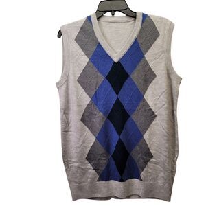 Men Argyle V-Neck Sweater Vest Winter Sleeveless Wool Knitted Gray & Blue Large